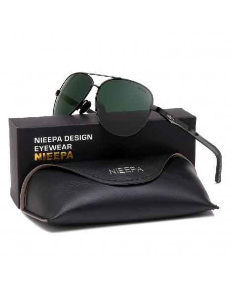  NIEEPA Aviator Polarized Sunglasses Mens Al-Mg Metal Ultra  Light Frame Driving Glasses (Dark Green Lens/Black Fr